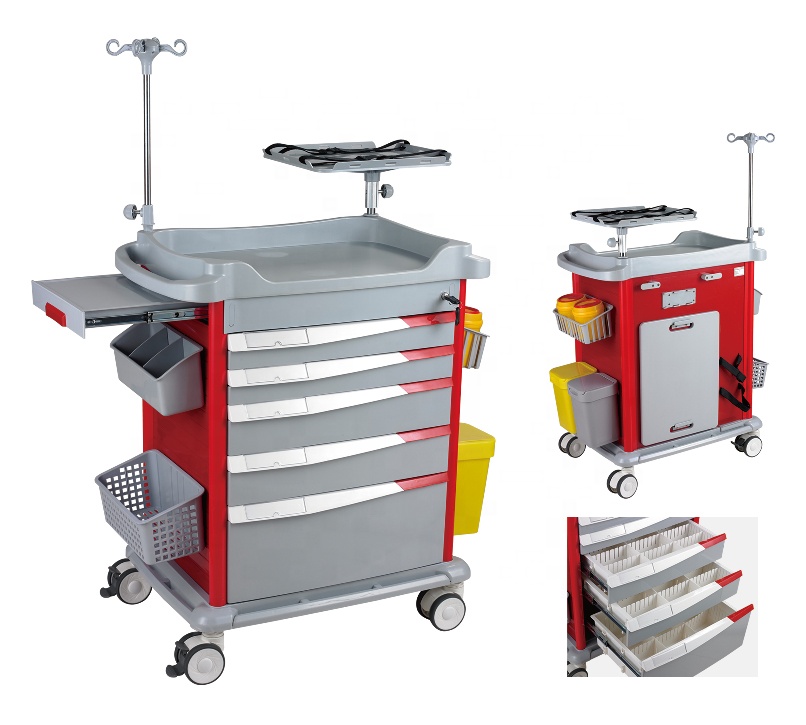 Color Moveable Hospital Emergency Trolley Hospital Furniture 4 Silent Medical Castors for Hospital ABS Plastic 5 Drawers ISO